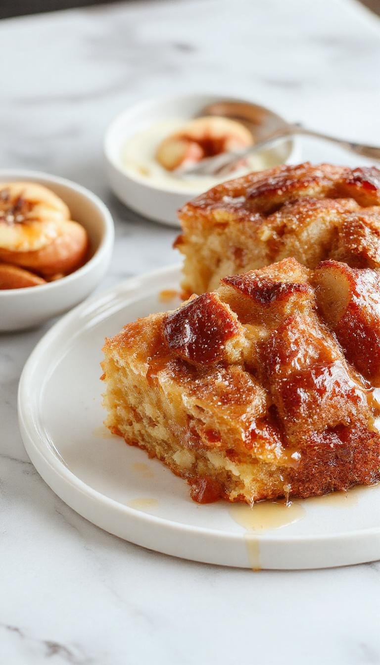 A slice of Swedish apple cake with golden crust, topped with powdered sugar and fresh apple slices, served on a rustic wooden plate.
