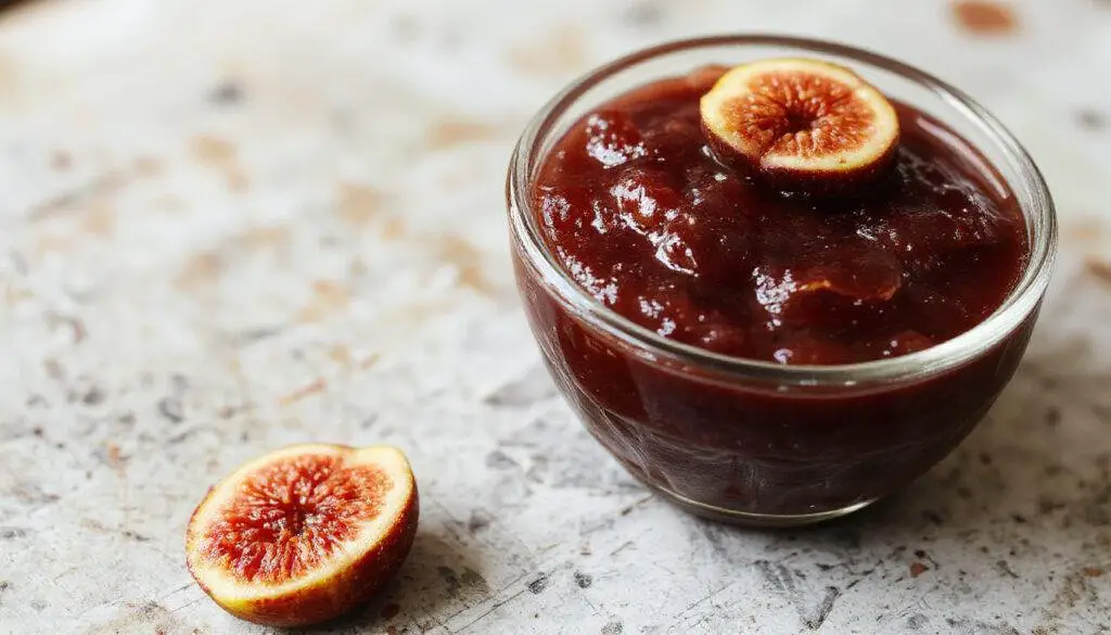 A glass jar filled with vibrant amber-colored fig jam, surrounded by fresh, ripe figs and sprigs of thyme on a rustic wooden surface, with a spread of jam and slices of bread beside it.