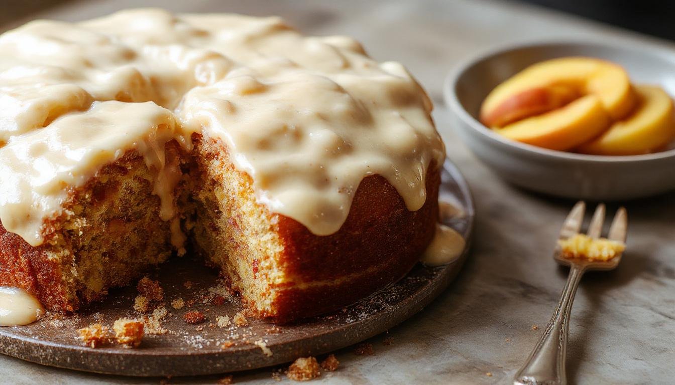 A slice of moist peach cake with brown sugar frosting on a rustic plate. The cake features a golden-brown crust with visible slices of juicy peaches throughout. The frosting has a rich, caramel-brown color and a smooth texture, slightly melting over the edges of the cake, garnished with a sprinkle of cinnamon and a fresh peach slice on the side. The background includes a fork and a napkin, evoking a cozy, inviting dessert setting.