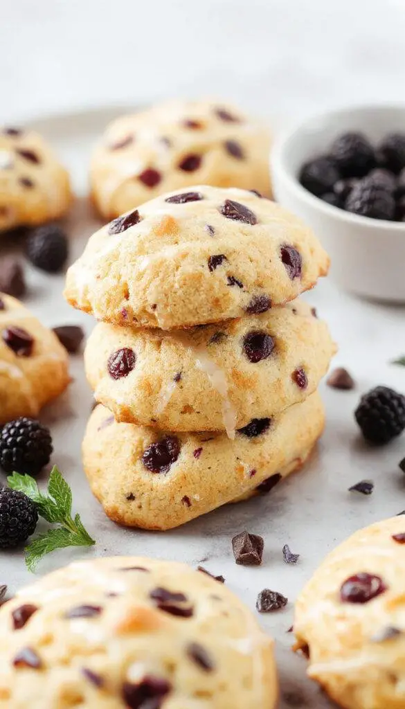 A close-up of golden-brown vegan blueberry lavender madeleines arranged elegantly on a white ceramic plate. The madeleines have a distinctive shell shape with a slightly domed top, speckled with fresh blueberries and tiny lavender buds. The surface is lightly textured with crisp edges and a soft, moist interior visible in some sliced pieces. The background features a subtle, rustic wooden table with a sprig of lavender and a few blueberries scattered nearby, enhancing the fresh and aromatic appeal.