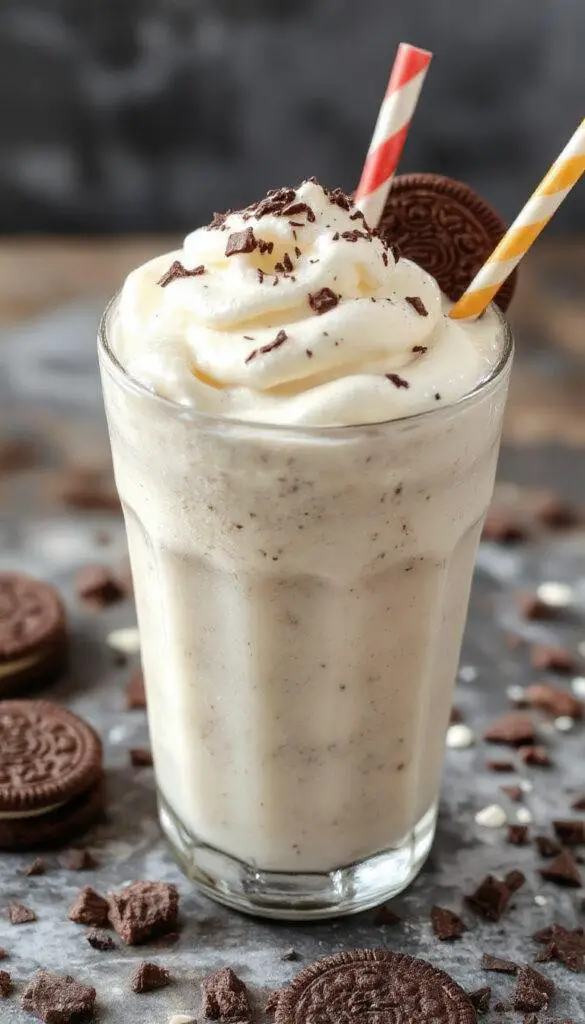 A tall glass filled with a rich, creamy Oreo milkshake topped with whipped cream and crushed Oreo cookies. The milkshake has a smooth, thick texture, with visible chunks of Oreos inside, and is garnished with a whole Oreo cookie on top. The background features a rustic wooden table and a colorful straw adds a playful touch.