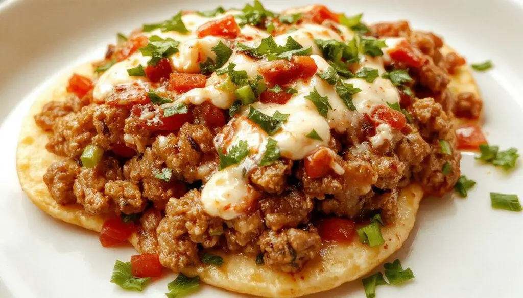 A close-up of golden crispy tostadas topped with seasoned ground beef, shredded lettuce, diced tomatoes, and melted cheese, garnished with fresh cilantro and lime wedges, arranged neatly on a rustic wooden platter.