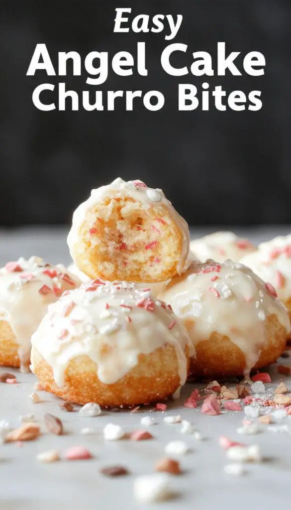 A close-up of golden-brown churro bites coated in cinnamon sugar, arranged on a rustic wooden plate. The bites are dusted with powdered sugar, with a flaky angel cake layer visible in the background, creating an inviting contrast of textures and warm tones.