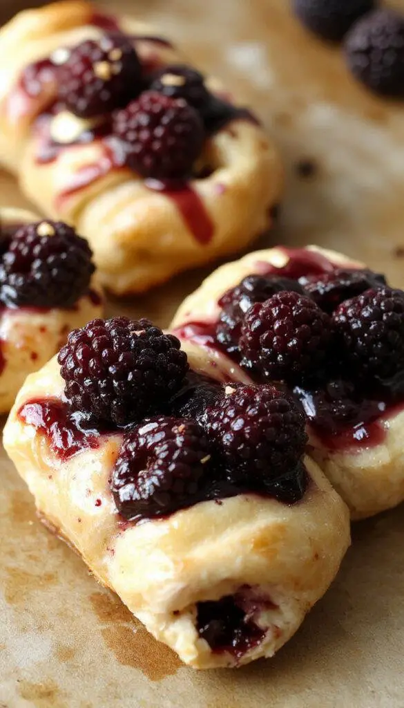 Golden-brown puff pastry twists with visible swirls of creamy white goat cheese and deep purple-black blackberry compote filling, arranged on a rustic wooden surface with a few fresh blackberries scattered around. The twists showcase flaky layers and a glossy finish, highlighting the contrast between the pastry and vibrant filling.