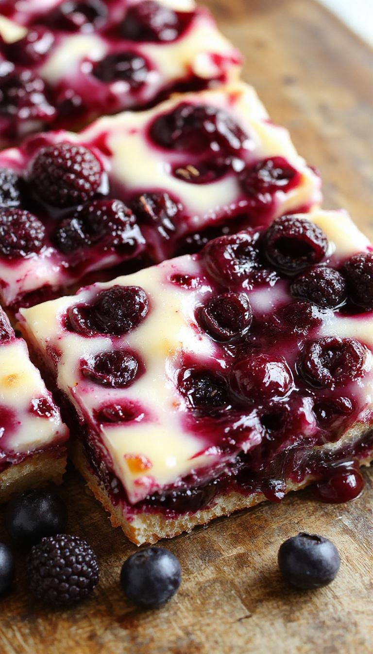 A plate of vibrant blueberry cheesecake bars topped with fresh blueberries and a sprinkle of powdered sugar, set on a summer-themed table.