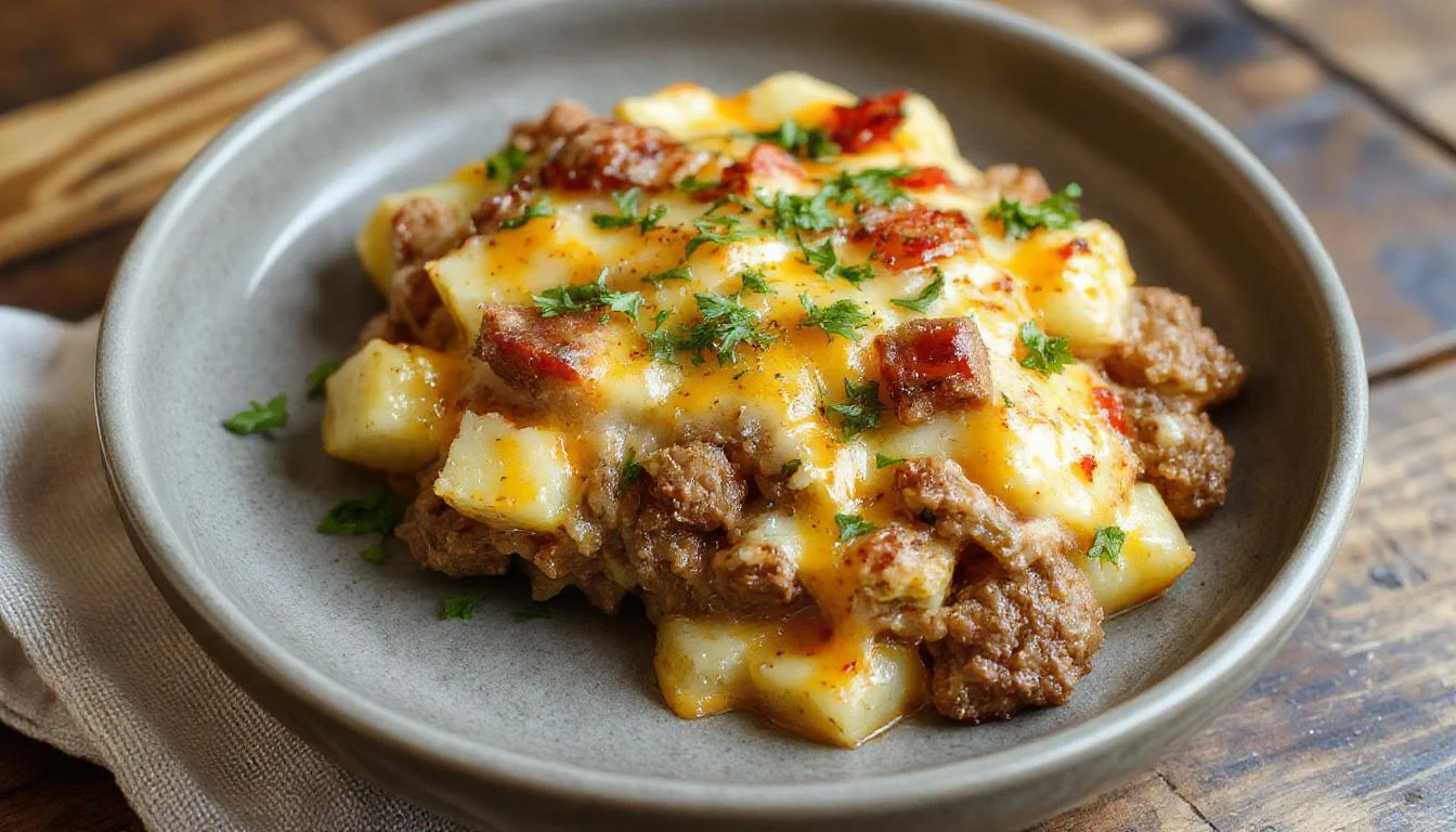 A close-up of a golden-brown baked ground beef casserole topped with melted cheese, slices of roasted potatoes visible along the edges, garnished with chopped parsley. The dish is presented in a rustic ceramic baking dish, steam rising slightly, showcasing a rich, hearty stew with a crispy cheese crust.