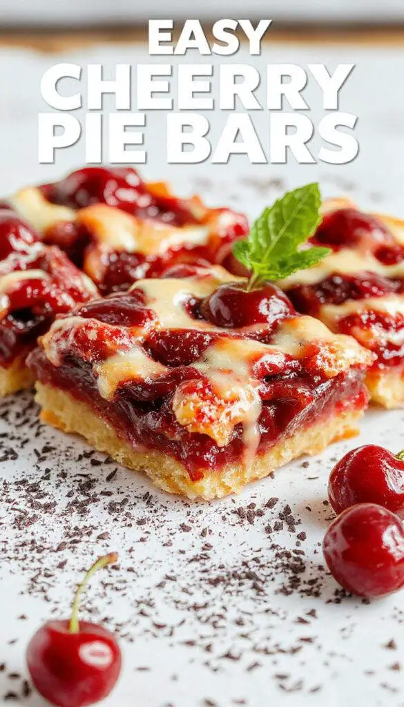 A close-up of cherry pie bars arranged on a rustic wooden platter. The bars have a golden-brown crust topped with vibrant, glossy red cherry filling, sprinkled with powdered sugar. The edges are flaky and slightly crumbled, revealing layers of buttery crust and sweet cherry filling within.