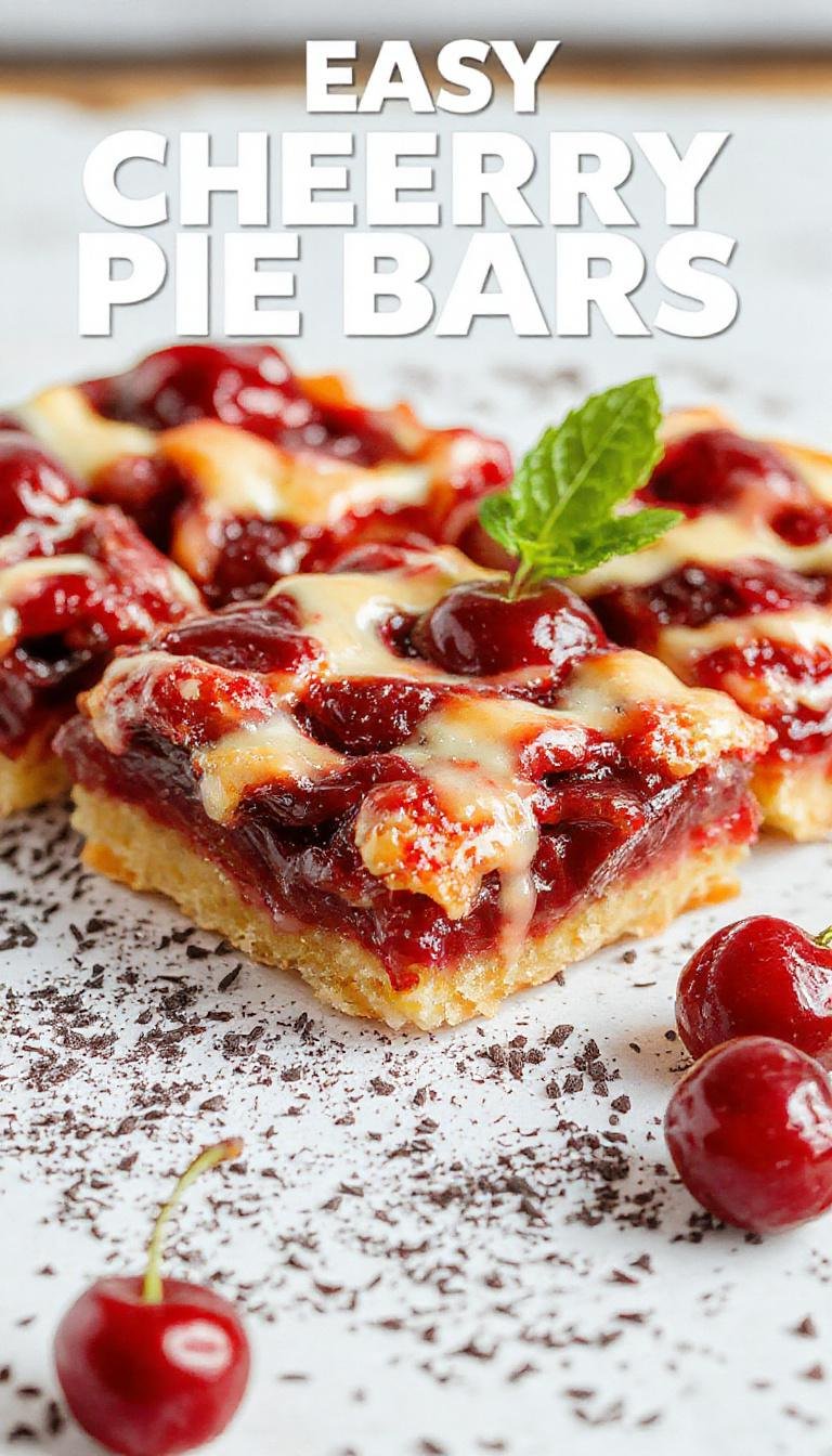 A close-up of cherry pie bars arranged on a rustic wooden platter. The bars have a golden-brown crust topped with vibrant, glossy red cherry filling, sprinkled with powdered sugar. The edges are flaky and slightly crumbled, revealing layers of buttery crust and sweet cherry filling within.