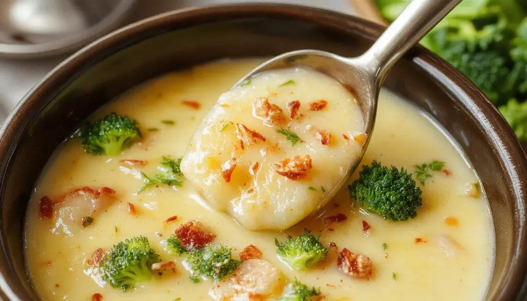 A warm bowl of cream-colored broccoli cheddar potato soup garnished with fresh chopped chives, placed on a rustic wooden table with a spoon beside it, topped with melted cheddar cheese and vibrant green broccoli florets for added color and texture.