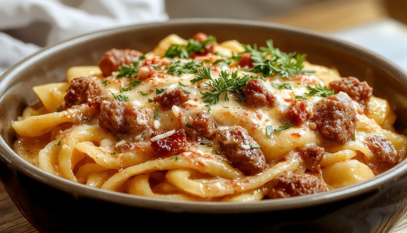 A close-up of a creamy ground beef pasta dish served on a white plate. The pasta is coated in a rich, velvety sauce with finely browned ground beef evenly distributed. Garnished with fresh chopped herbs and a sprinkle of grated cheese, the dish looks warm and inviting, with steam rising gently. The background shows a rustic wooden table with a fork and a glass of water, emphasizing a cozy, home-cooked meal presentation.