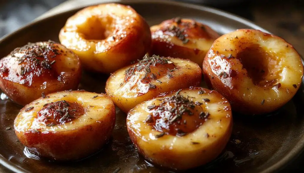A close-up of a white ceramic baking dish filled with baked peaches, their golden-orange skin slightly caramelized and glistening. Sliced peaches are arranged attractively, with a few drizzled with syrup and sprinkled with a touch of cinnamon. The surface shows a warm, inviting texture, with bubbling syrup around the edges and steam rising, suggesting hot, freshly baked fruit. The background is softly blurred, highlighting the vibrant colors and appealing presentation of the dish.