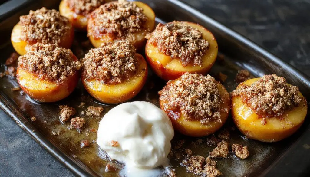 A close-up of baked peaches nestled in a rustic ceramic dish, topped with a golden brown, crumbly brown sugar topping, peaches with tender, caramelized edges, and a drizzle of syrup visible beneath the topping.
