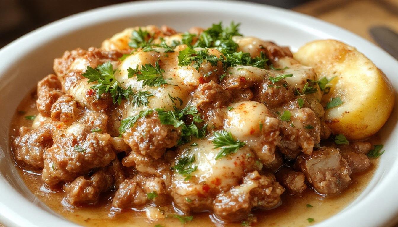 A rustic wooden table displays a close-up of a plated ground beef dish garnished with fresh herbs. The ground beef is cooked to a golden brown with visible herbs and spices, served alongside colorful vegetables and a side of fluffy rice. The dish is presented on a white ceramic plate with a sprig of parsley for garnish, with a fork and knife resting beside it, evoking a inviting, home-cooked meal.