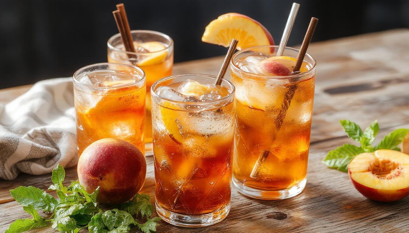 A tall glass filled with golden peach iced tea, garnished with fresh peach slices and a sprig of mint. The drink has a clear, chilled appearance with condensation on the glass, and ice cubes floating inside. The background features a rustic wooden table with a few whole peaches and a slice on a plate.