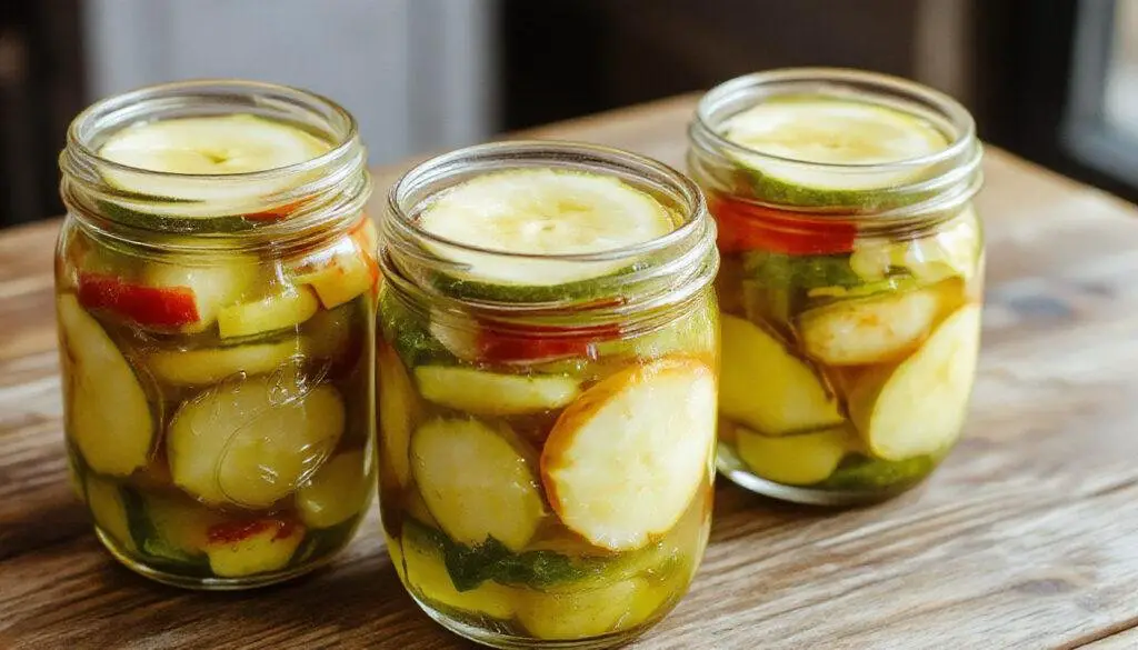 A glass jar filled with vibrant, crispy homemade refrigerator pickles including sliced cucumbers and colorful vegetables, set on a rustic wooden surface. The pickles are submerged in a tangy brine, with fresh dill sprigs and whole peppercorns visible, showcasing a glossy, textured surface and inviting freshness.