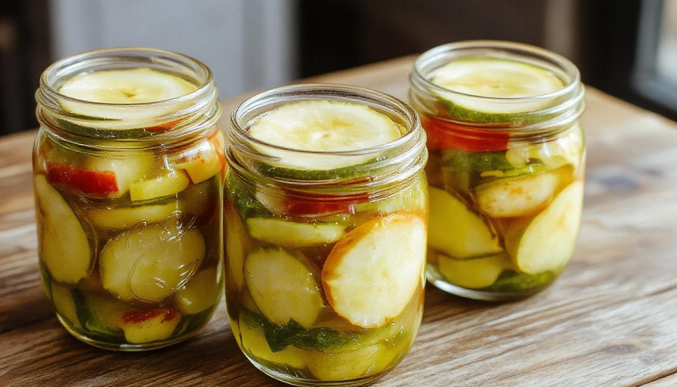 A glass jar filled with vibrant, crispy homemade refrigerator pickles including sliced cucumbers and colorful vegetables, set on a rustic wooden surface. The pickles are submerged in a tangy brine, with fresh dill sprigs and whole peppercorns visible, showcasing a glossy, textured surface and inviting freshness.