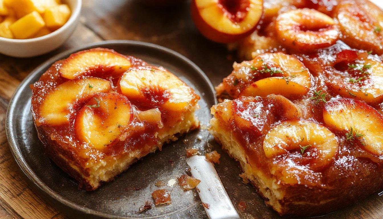 A golden-brown peach upside down cake topped with vibrant, caramelized peach slices arranged in a circular pattern. The cake is sliced to reveal tender, moist layers with a glossy caramel glaze. The presentation is on a rustic wooden table with a side view, showcasing the syrupy peaches and the soft texture of the cake.
