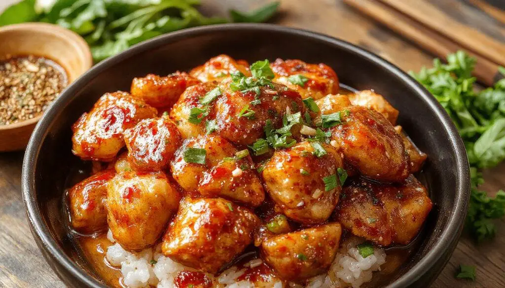 A close-up of a vibrant plate of sweet chili chicken garnished with green cilantro and sesame seeds. The chicken pieces are glossy and coated in a bright red-orange sweet chili sauce, served on a white ceramic plate with a decorative rim. The background features a rustic wooden table, with a bowl of extra sauce and fresh herbs visible.