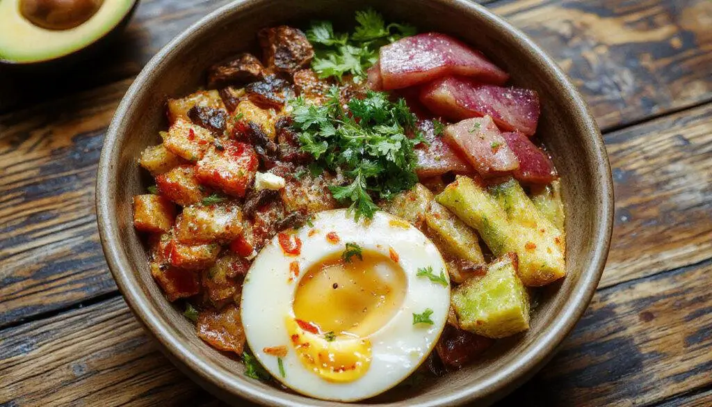 A vibrant taco bowl featuring seasoned ground beef, fresh chopped tomatoes, shredded lettuce, and melted cheese, all arranged in a colorful ceramic bowl atop a rustic wooden table, with a drizzle of sour cream and lime wedges on the side.