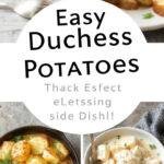 Elegant Duchess Potatoes arranged on a platter with a golden, piped design and fresh herbs for garnish.