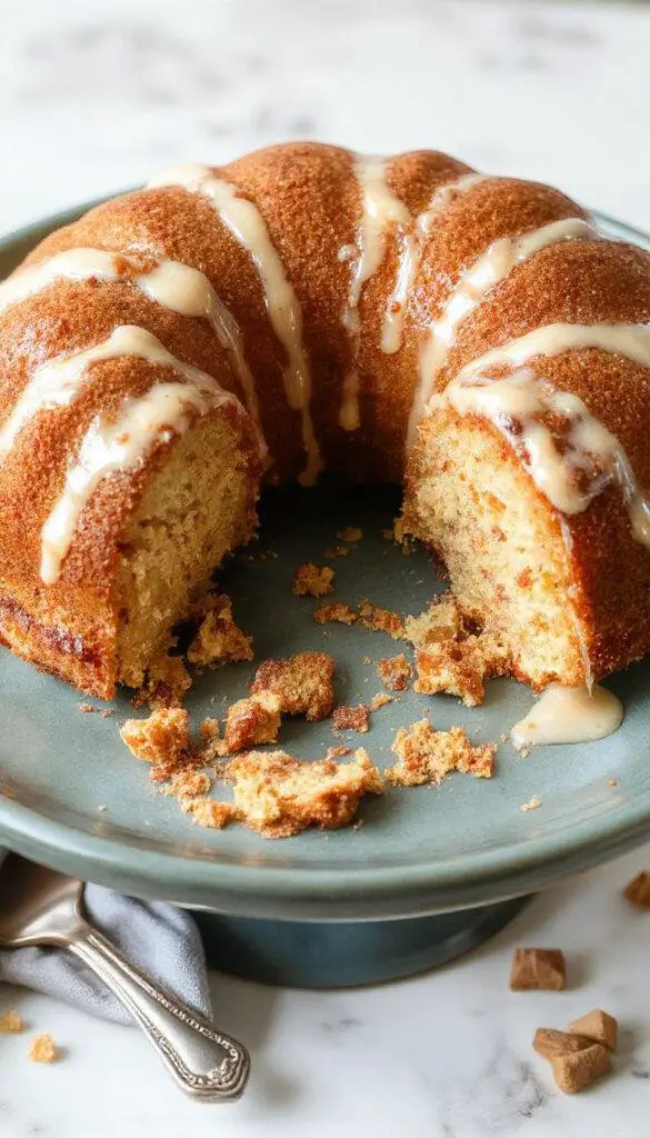 A beautifully decorated bundt cake with intricate icing designs and fresh fruit garnishes, displayed on an elegant cake stand.