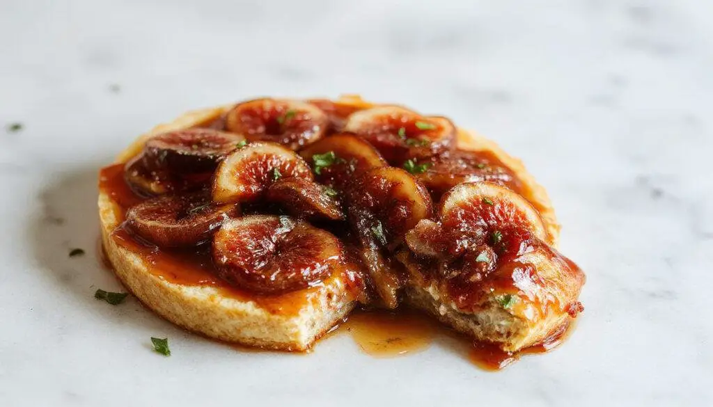 A beautifully arranged tart featuring golden-brown caramelized figs atop a smooth, creamy mascarpone filling. The tart is plated on a white ceramic dish, with a few fresh figs and a drizzle of caramel sauce visible. The crust is flaky and crisp, contrasting with the soft filling and glossy figs, creating an inviting and refined presentation.