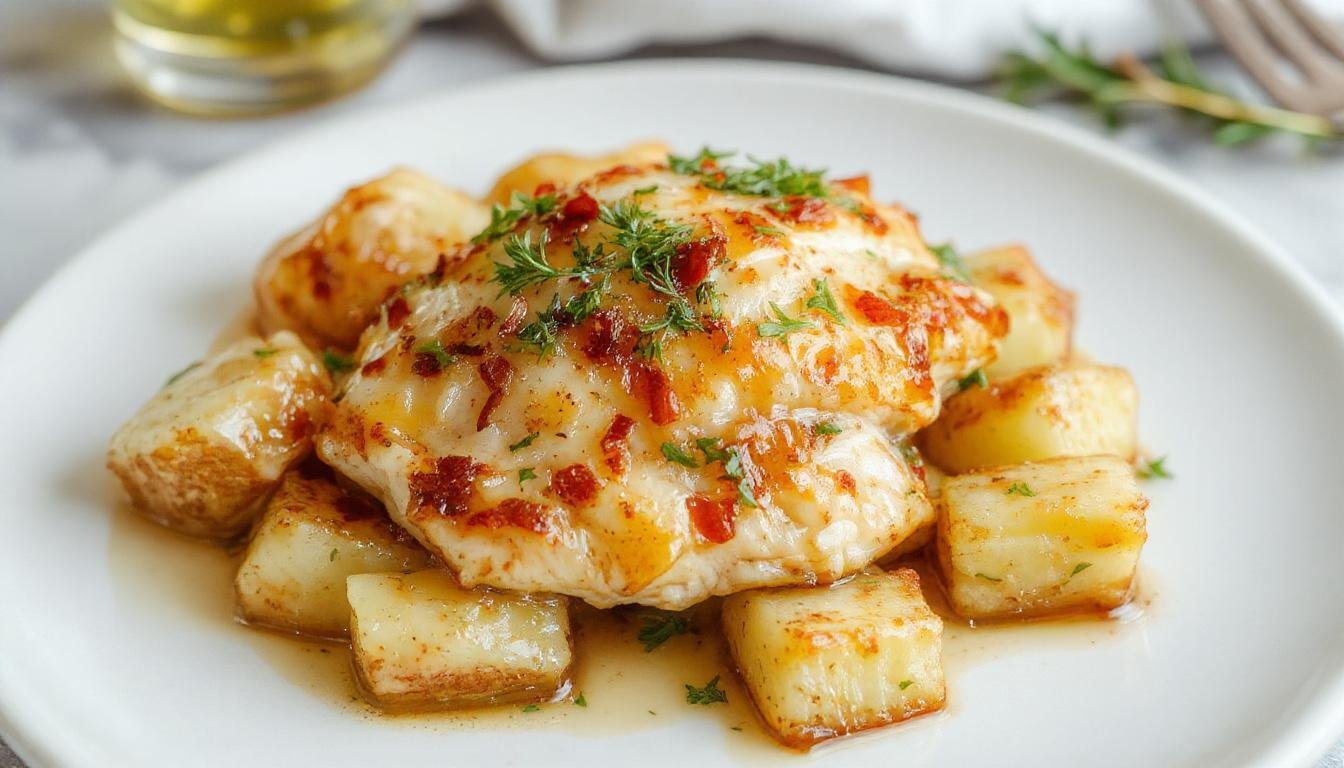 A golden-brown roasted chicken thigh with crispy skin, surrounded by tender roasted potato wedges coated in garlic and Parmesan cheese, garnished with fresh herbs, all plated on a rustic white dish.