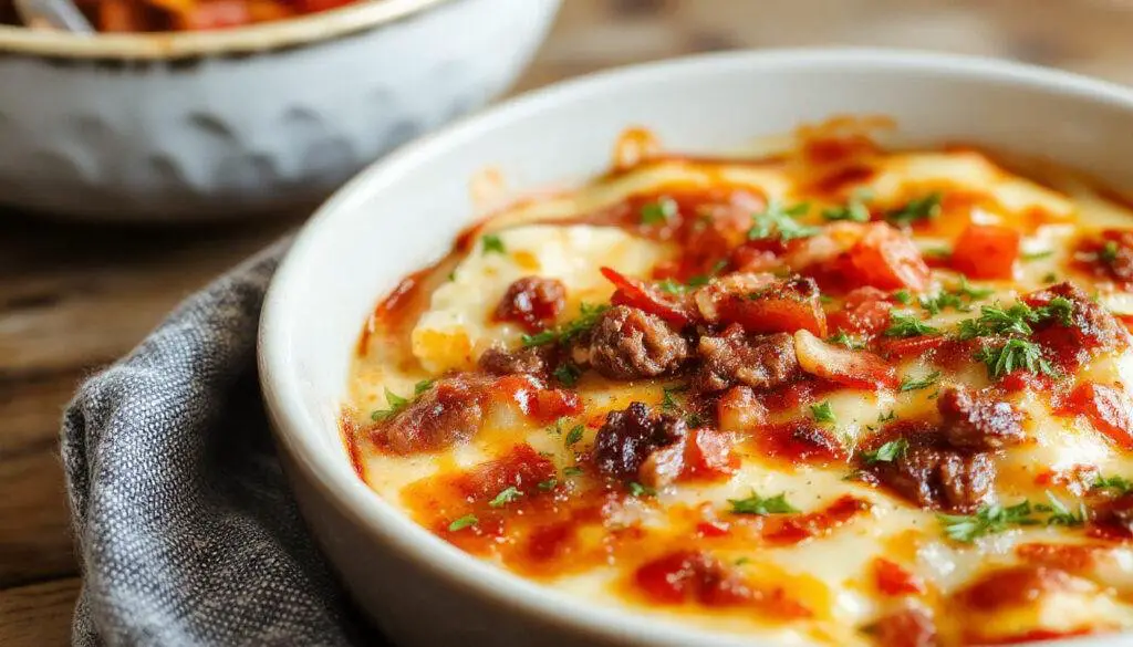 A hearty casserole dish featuring golden-brown baked ground beef layered with tender sliced potatoes, topped with melted cheese and garnished with fresh herbs, all served in a rustic ceramic baking dish.