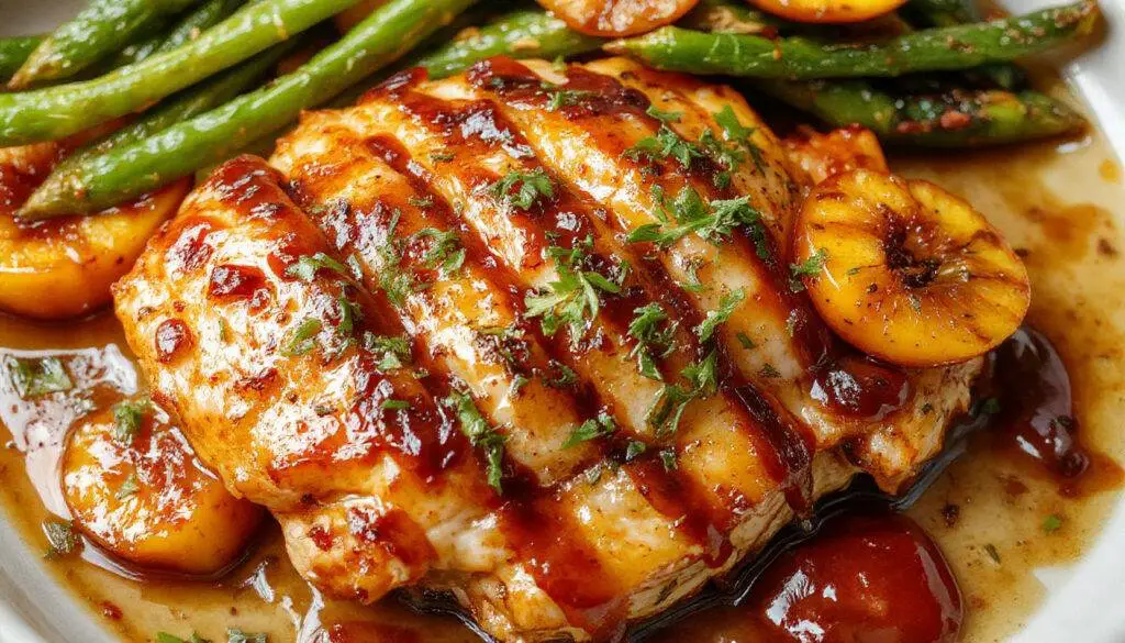 A close-up of a roasted peach glaze-coated chicken breast on a white plate, garnished with fresh herbs, with roasted peach slices and BBQ sauce drizzled around it, vibrant colors and glistening texture highlight the juicy, tender meat.