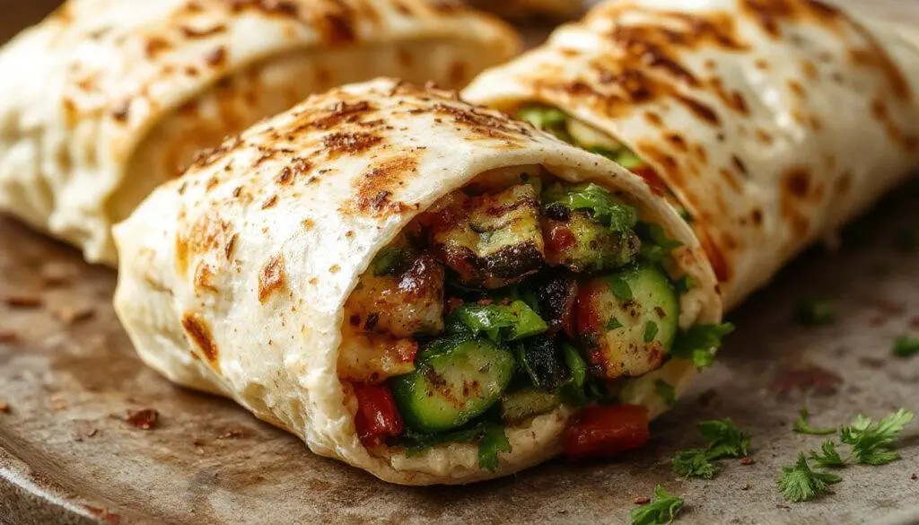 A close-up of a vibrant grilled vegetable and hummus wrap sliced open to reveal colorful grilled zucchini, red bell peppers, and greens wrapped in a soft whole grain tortilla with a generous spread of creamy hummus, presented on a rustic wooden board with fresh herbs scattered around.