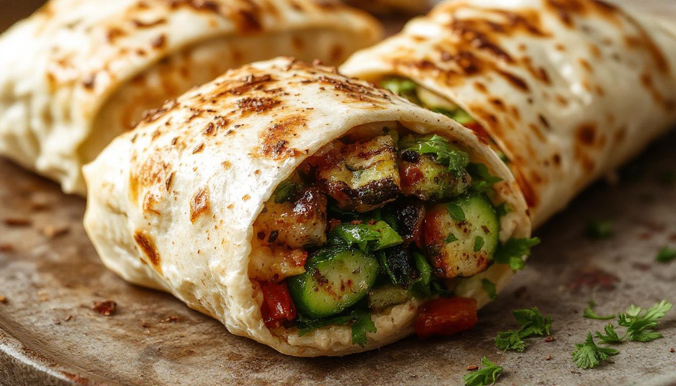 A close-up of a vibrant grilled vegetable and hummus wrap sliced open to reveal colorful grilled zucchini, red bell peppers, and greens wrapped in a soft whole grain tortilla with a generous spread of creamy hummus, presented on a rustic wooden board with fresh herbs scattered around.