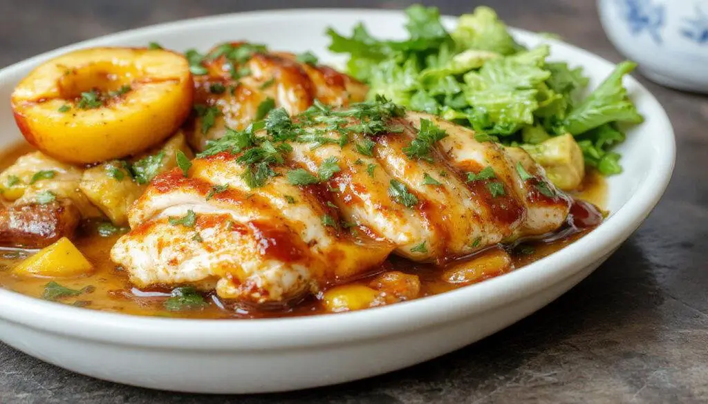 A golden-brown roasted chicken breast topped with slices of vibrant peaches and a glossy BBQ glaze, garnished with fresh herbs on a rustic wooden platter, with a hint of smoky char and juicy interiors visible.