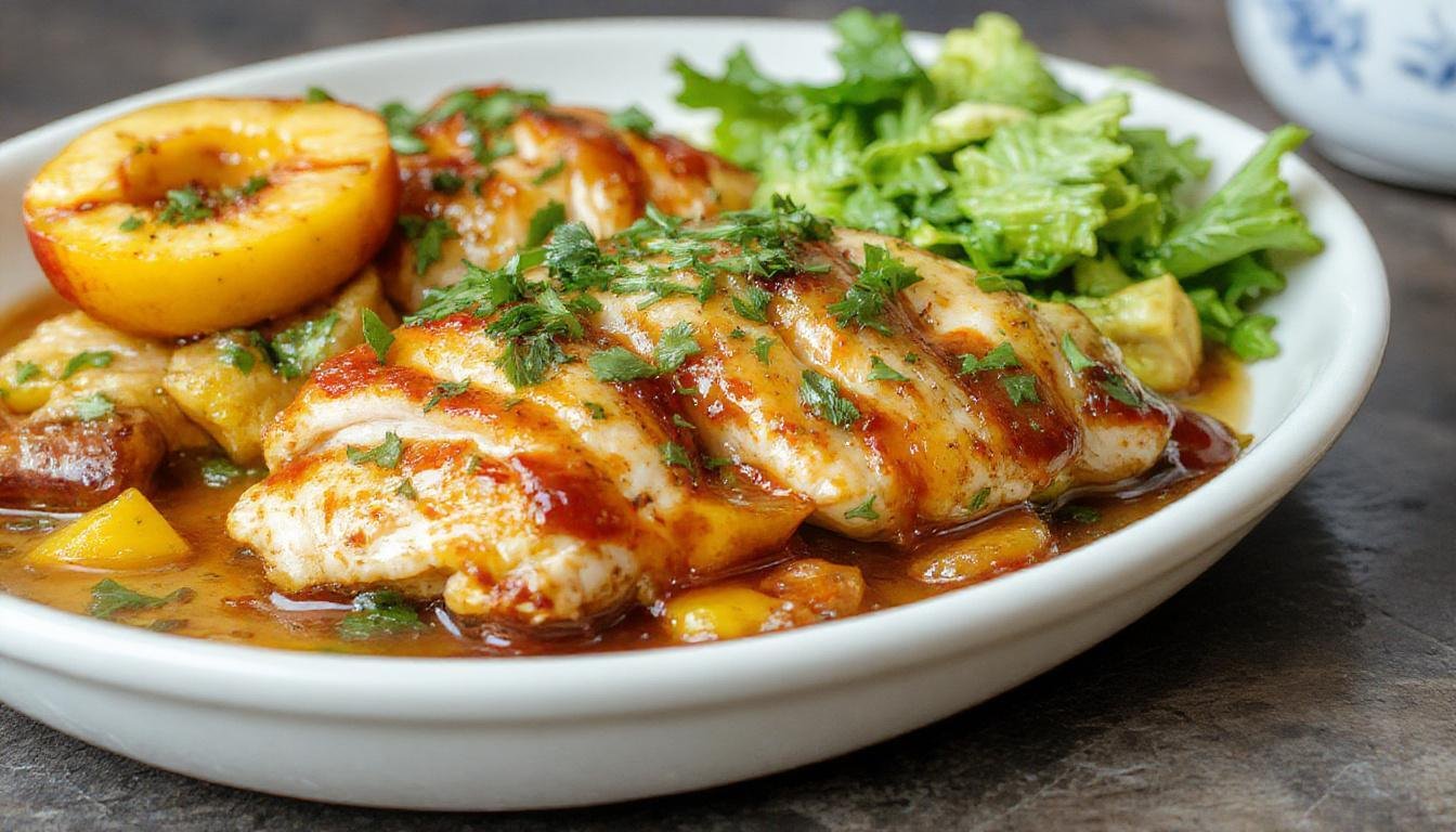 A golden-brown roasted chicken breast topped with slices of vibrant peaches and a glossy BBQ glaze, garnished with fresh herbs on a rustic wooden platter, with a hint of smoky char and juicy interiors visible.