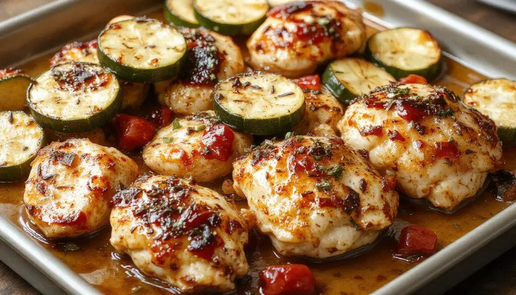 Colorful sheet pan meal featuring golden-brown Mediterranean chicken pieces nestled among vibrant green zucchini slices, cherry tomatoes, and red onion rings. The ingredients are evenly roasted, with a slight caramelization on the chicken and vegetables, presented on a rustic baking sheet with fresh herbs sprinkled on top.