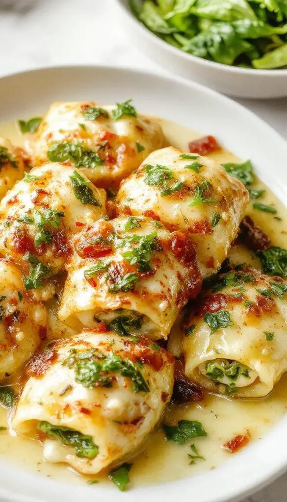 A close-up of large pasta shells filled with vibrant green spinach and creamy ricotta cheese, neatly arranged on a white platter topped with melted golden cheese and garnished with fresh basil leaves. The shells are cooked to perfection, with a slight sheen from the sauce, beautifully contrasting colors highlighting freshness and richness.