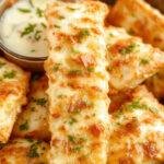 Golden-brown cheesy breadsticks arranged in a rustic basket, topped with melted cheese and sprinkled with herbs, with a side of marinara sauce visible in a small bowl.