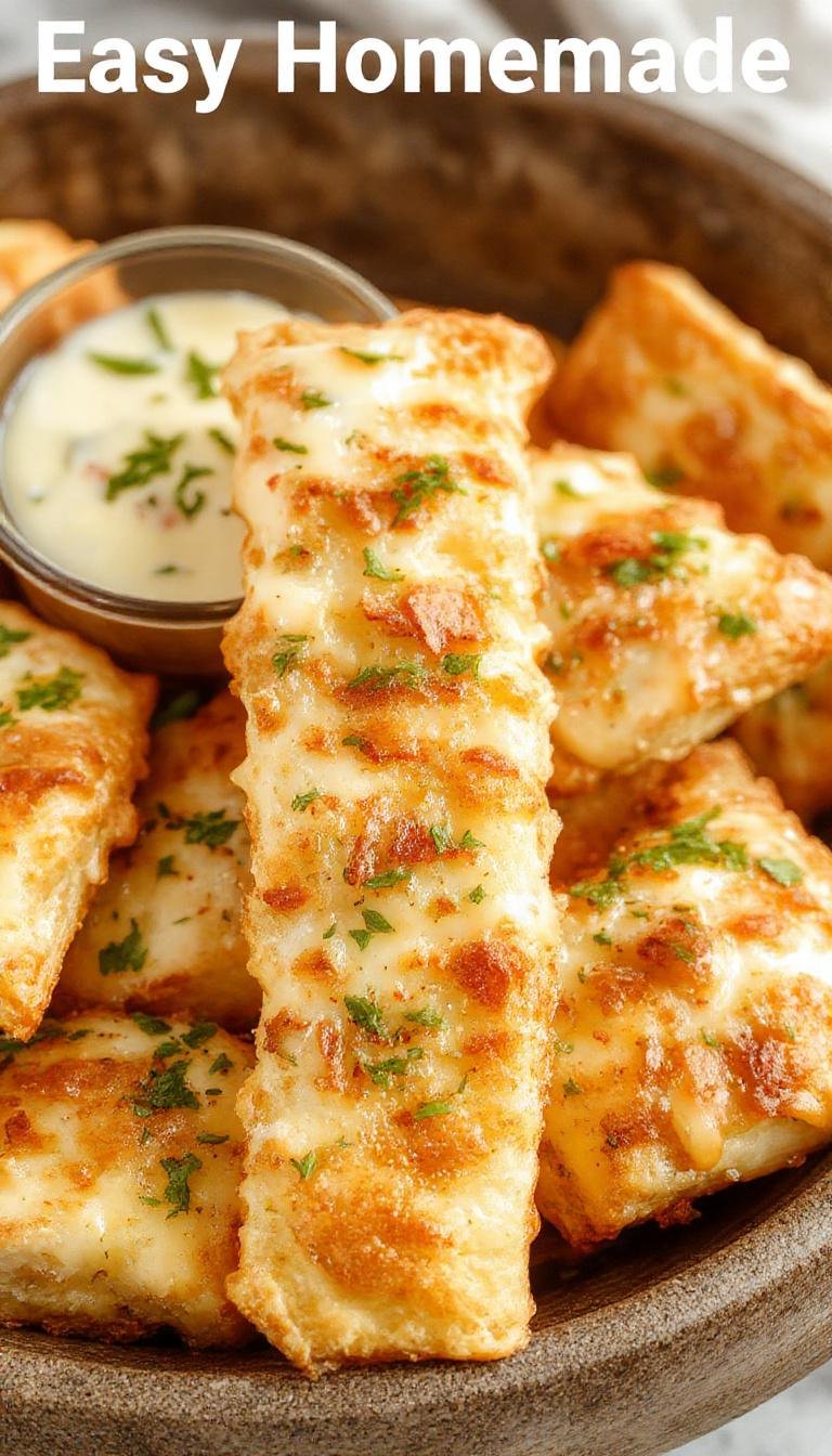 Golden-brown cheesy breadsticks arranged in a rustic basket, topped with melted cheese and sprinkled with herbs, with a side of marinara sauce visible in a small bowl.
