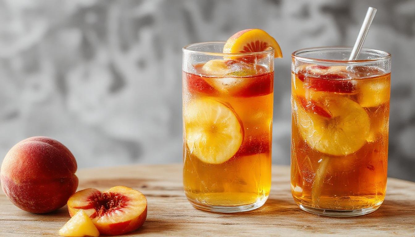 A clear glass pitcher filled with vibrant amber-colored sweet peach tea, garnished with fresh peach slices and sprigs of mint. The pitcher is placed on a rustic wooden table with a few peach slices and tea leaves scattered around, illuminated by soft natural light that highlights the clarity and inviting color of the beverage.