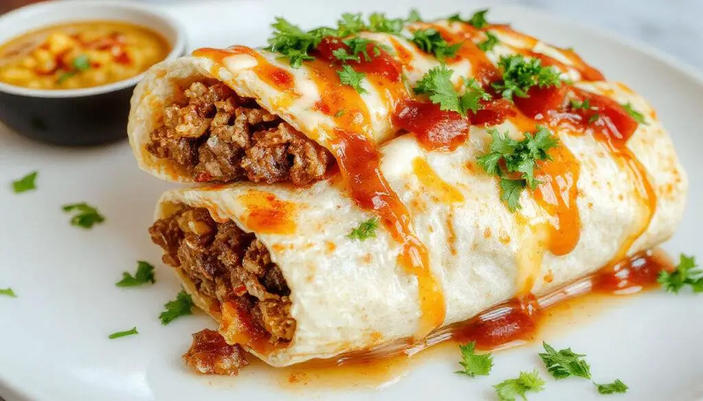 A close-up of a Beefy Melt Burrito sliced open to reveal seasoned ground beef, melted cheese, and fresh toppings wrapped in a soft flour tortilla, with some ingredients spilling out.