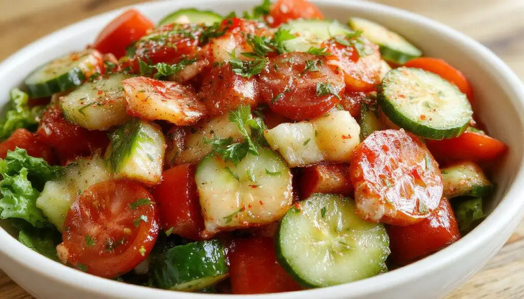 A vibrant bowl of tomato cucumber salad showcasing bright red cherry tomatoes, crisp green cucumber slices, and fresh herbs, garnished with a drizzle of vinaigrette on a white plate.