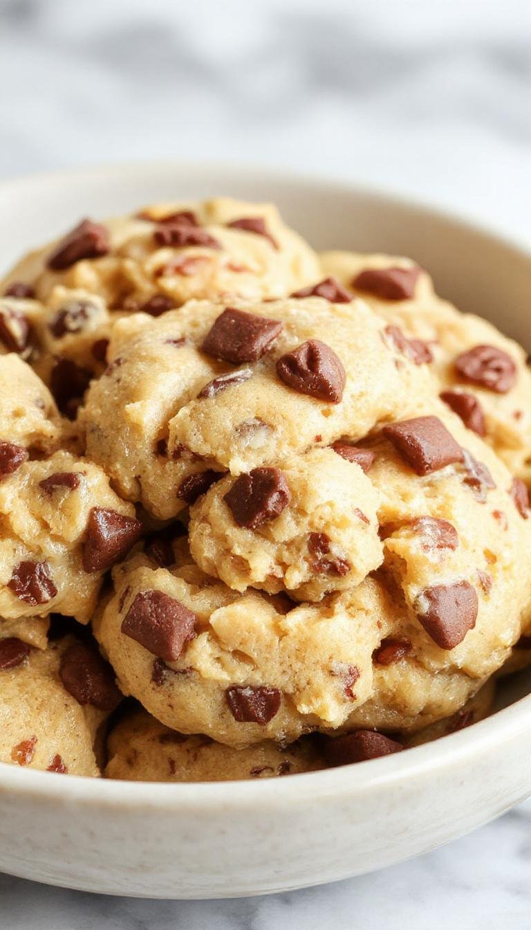 A close-up of a creamy, light tan edible cookie dough scooped into small mounds on a white plate, garnished with chocolate chips and a sprinkle of sea salt, with a rustic wooden backdrop and blurred baking utensils in the background.