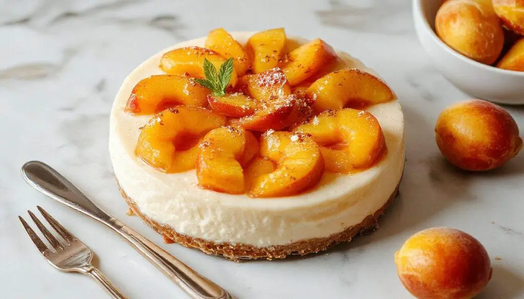 A slice of no-bake peach cheesecake on a white plate, topped with sliced fresh peaches and a sprig of mint, with a smooth creamy texture and golden graham cracker crust visible.