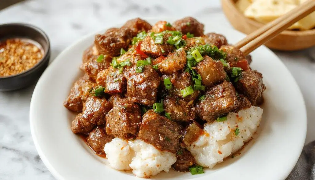 A vibrant bowl of Korean Ground Beef Stir Fry featuring browned ground beef coated in a glossy sauce, garnished with chopped green onions and sesame seeds, served on a rustic plate with steamed rice visible in the background.
