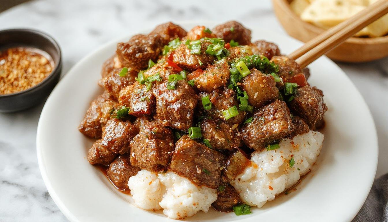 A vibrant bowl of Korean Ground Beef Stir Fry featuring browned ground beef coated in a glossy sauce, garnished with chopped green onions and sesame seeds, served on a rustic plate with steamed rice visible in the background.