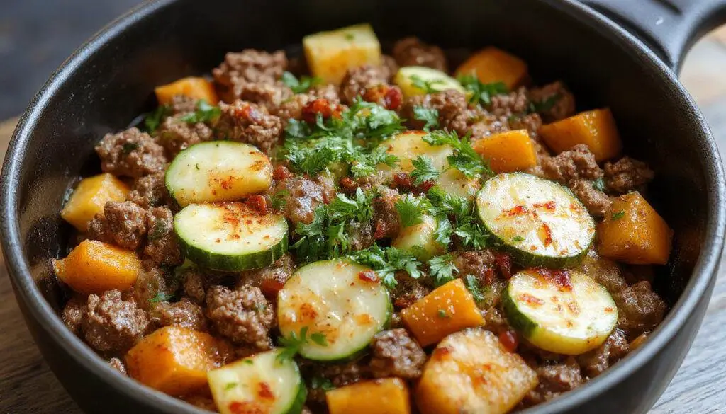 A vibrant skillet featuring seasoned ground beef intermixed with slices of green zucchini and tender orange sweet potato chunks, all cooked to a golden brown with slight caramelization, garnished with fresh herbs, presented on a rustic wooden surface.