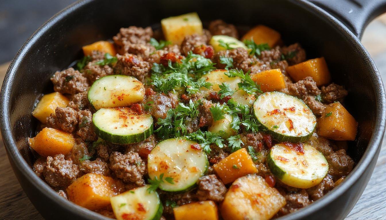 A vibrant skillet featuring seasoned ground beef intermixed with slices of green zucchini and tender orange sweet potato chunks, all cooked to a golden brown with slight caramelization, garnished with fresh herbs, presented on a rustic wooden surface.