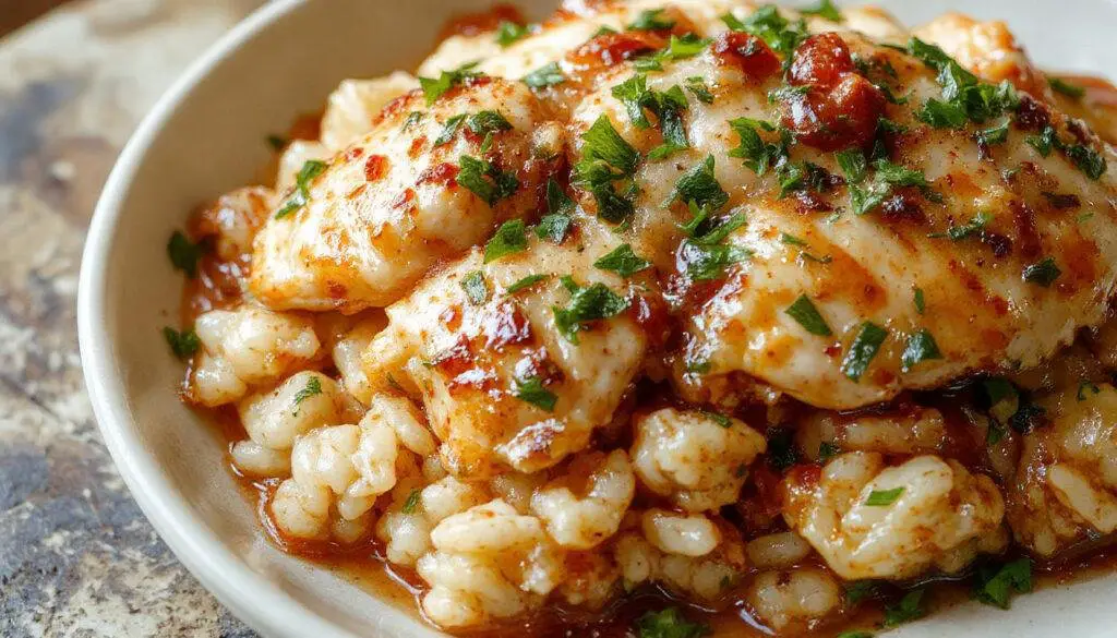 A close-up shot of a plate featuring tender shredded chicken covered in a creamy sauce, served over fluffy white rice. The dish is garnished with chopped green herbs, showcasing a rich, savory texture with a smooth sauce contrasting the fluffy rice. The presentation emphasizes the hearty, comforting nature of the dish with a rustic, inviting appearance.