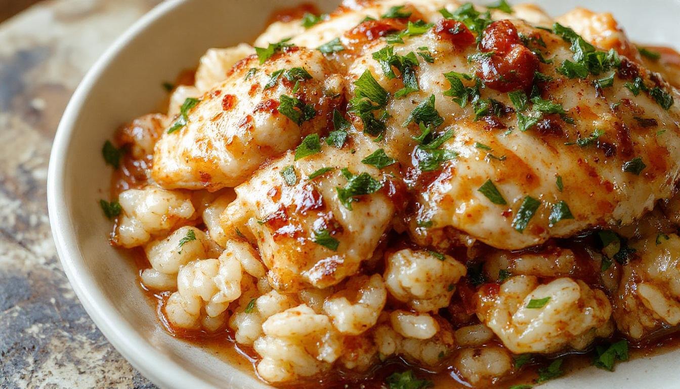 A close-up shot of a plate featuring tender shredded chicken covered in a creamy sauce, served over fluffy white rice. The dish is garnished with chopped green herbs, showcasing a rich, savory texture with a smooth sauce contrasting the fluffy rice. The presentation emphasizes the hearty, comforting nature of the dish with a rustic, inviting appearance.