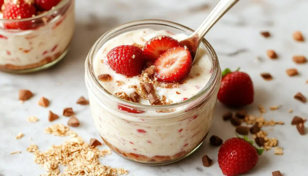 A clear glass jar filled with layered overnight oats featuring vibrant red strawberry pieces, creamy cheesecake swirls, and a sprinkle of granola on top, garnished with fresh strawberry slices and mint leaves, all set against a rustic wooden background.