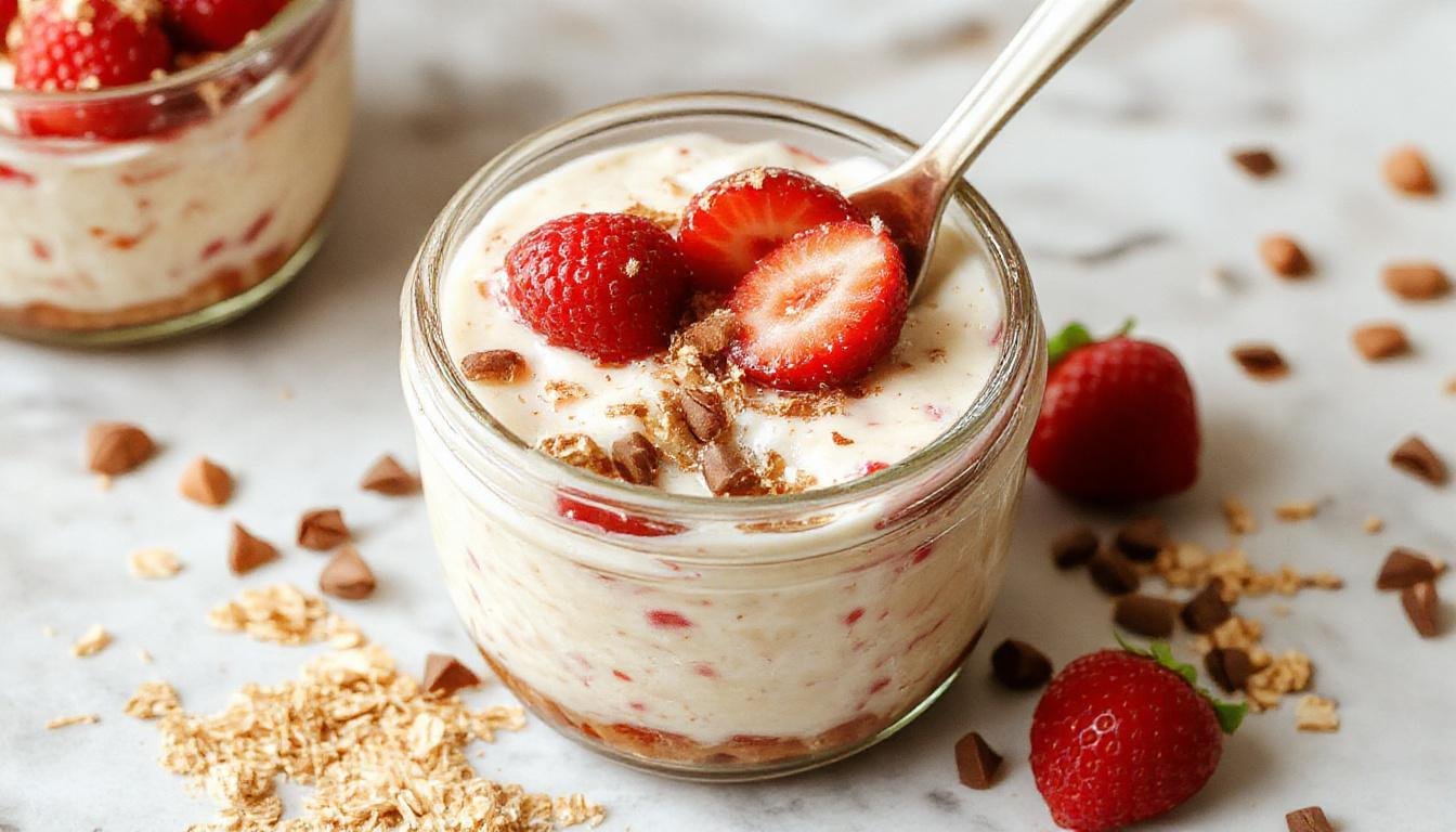A clear glass jar filled with layered overnight oats featuring vibrant red strawberry pieces, creamy cheesecake swirls, and a sprinkle of granola on top, garnished with fresh strawberry slices and mint leaves, all set against a rustic wooden background.